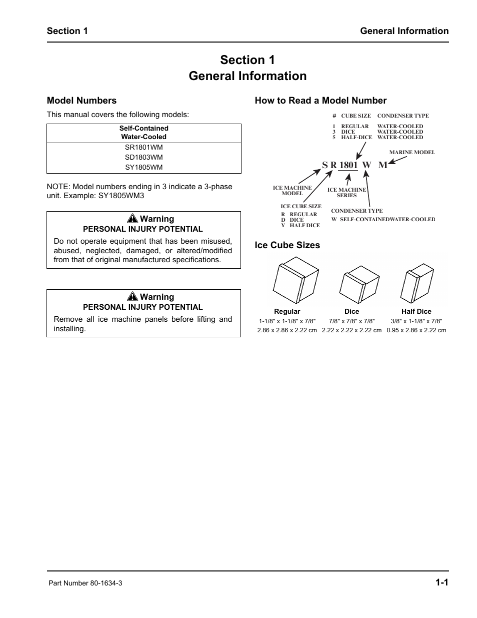 Model numbers, How to read a model number ice cube sizes, S r 1801 w m | Warning | Manitowoc Ice MARINE MODEL S1800 User Manual | Page 7 / 100