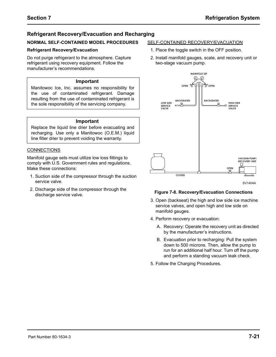 21 refrigerant recovery/evacuation and recharging, Important | Manitowoc Ice MARINE MODEL S1800 User Manual | Page 87 / 100