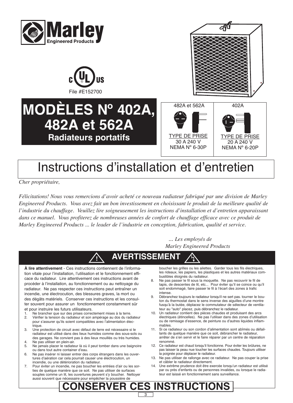 Instructions d’installation et d’entretien, Conserver ces instructions, Radiateurs portatifs | Avertissement | Marley Engineered Products 562A User Manual | Page 3 / 6