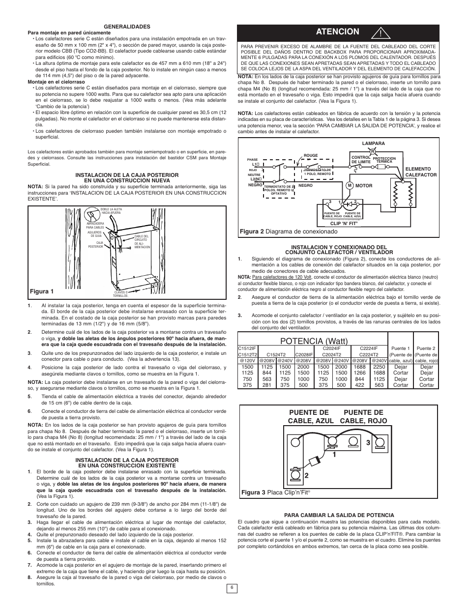 Atencion ! potencia (watt), Puente de, Puente de cable, azul cable, rojo | Marley Engineered Products B User Manual | Page 6 / 12