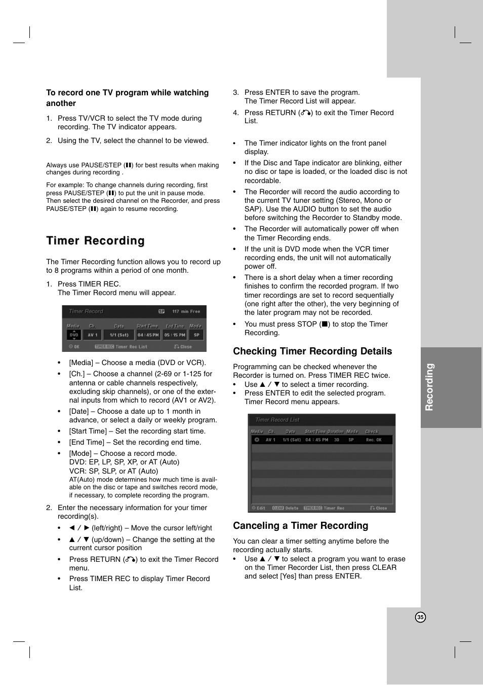 Timer recording imer recording, Recording, Checking timer recording details | Canceling a timer recording | Maxell ZRY-316 User Manual | Page 35 / 56