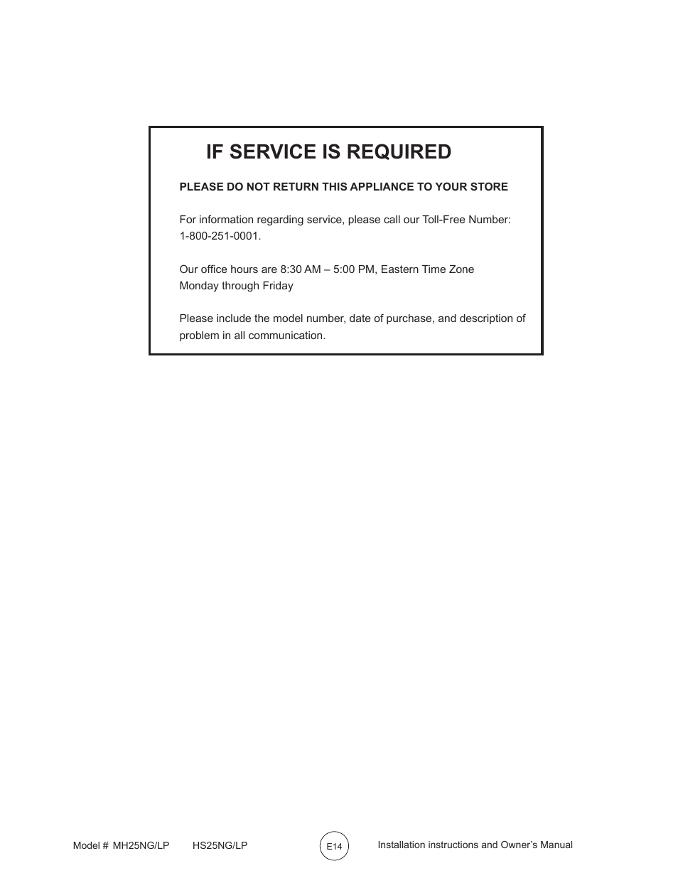 If service is required | Mr. Heater MH25LP User Manual | Page 14 / 48
