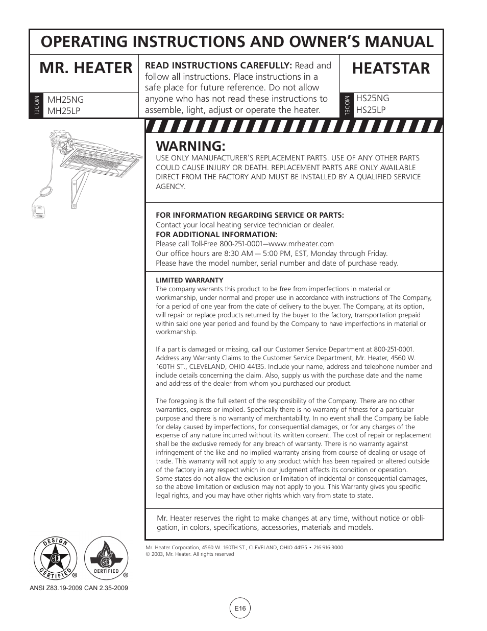 Warning | Mr. Heater MH25LP User Manual | Page 16 / 48