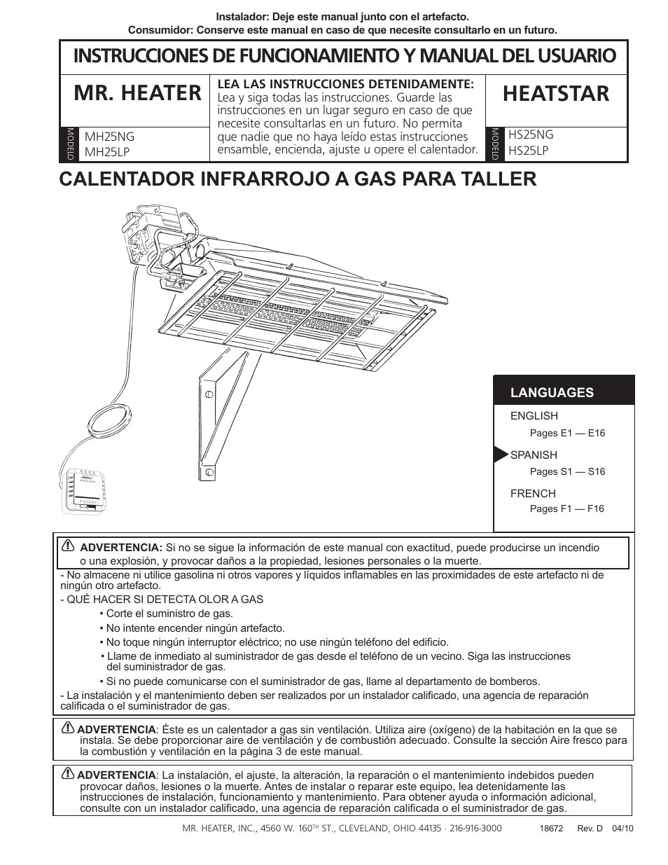 Mr. heater heatstar, Calentador infrarrojo a gas para taller | Mr. Heater MH25LP User Manual | Page 17 / 48