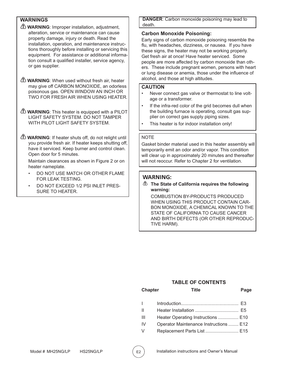 Warning | Mr. Heater MH25LP User Manual | Page 2 / 48
