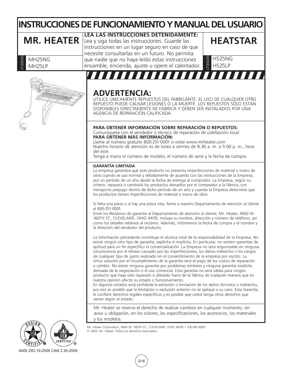 Mr. heater heatstar, Advertencia | Mr. Heater MH25LP User Manual | Page 32 / 48
