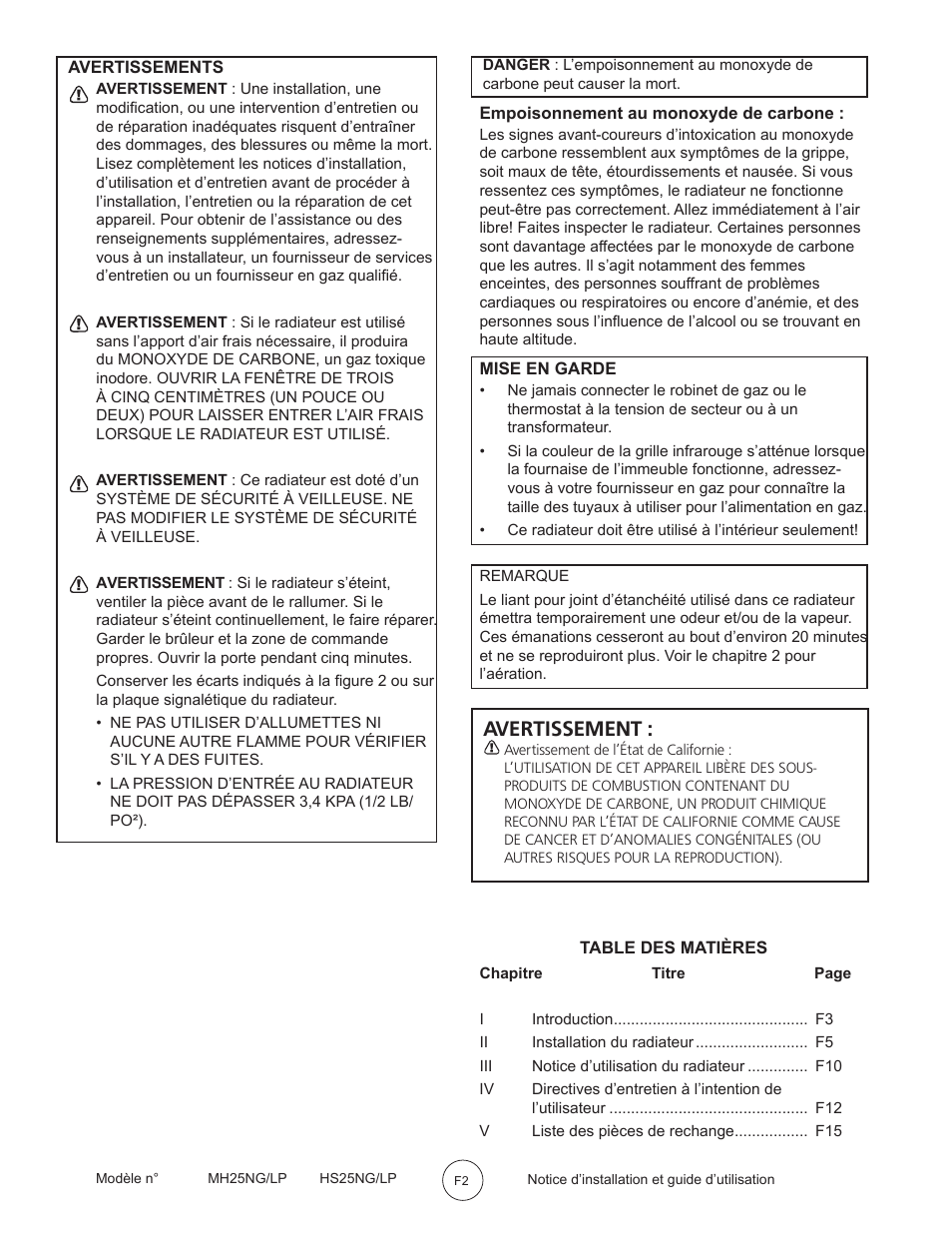 Avertissement | Mr. Heater MH25LP User Manual | Page 34 / 48