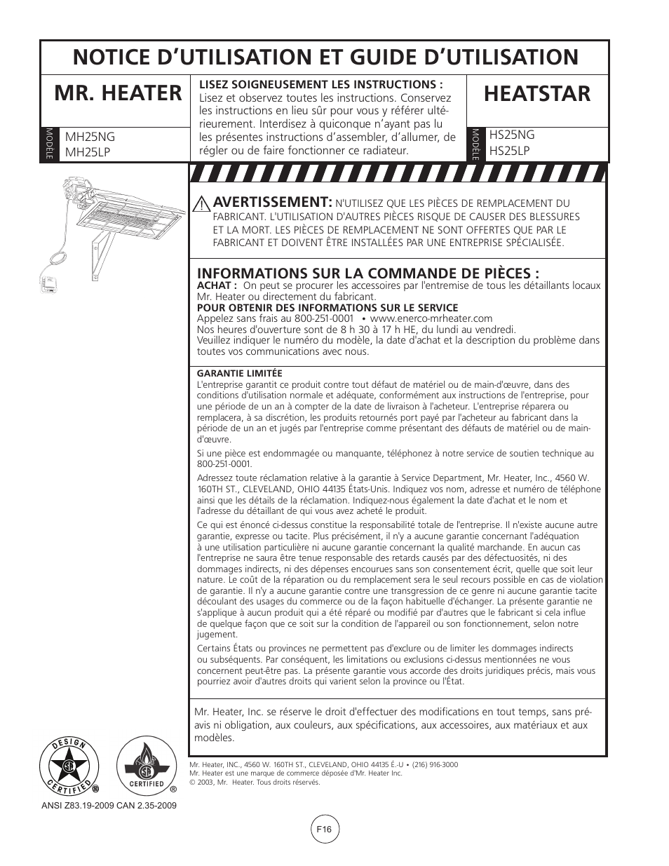 Avertissement, Informations sur la commande de pièces | Mr. Heater MH25LP User Manual | Page 48 / 48
