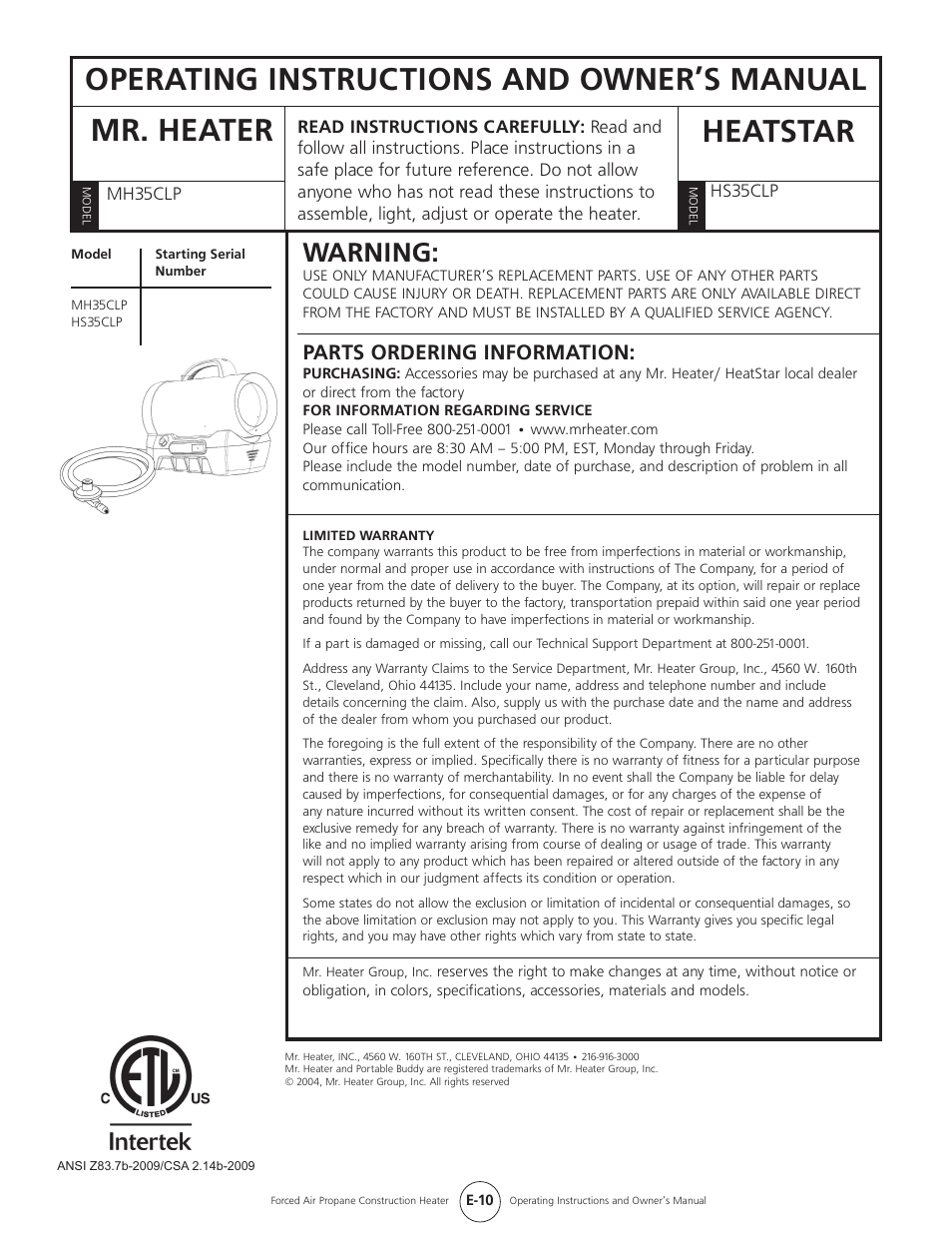 Warning, Parts ordering information | Mr. Heater HEATSTAR HS35CLP User Manual | Page 10 / 32