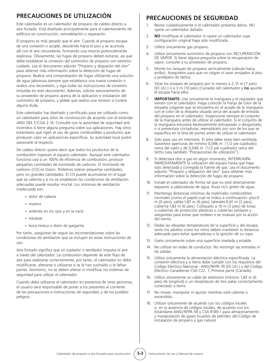 Precauciones de utilización, Precauciones de seguridad | Mr. Heater HEATSTAR HS35CLP User Manual | Page 14 / 32