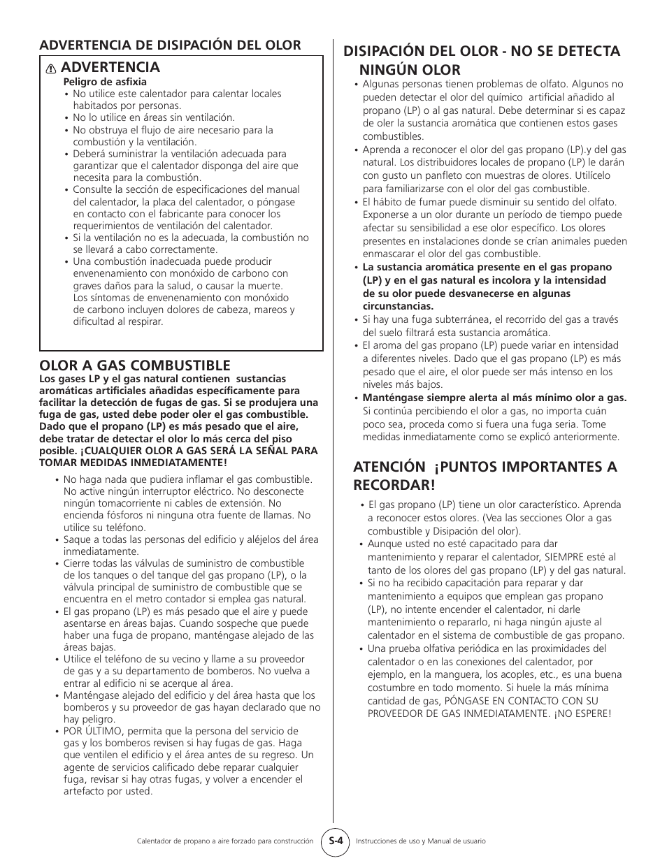 Advertencia, Olor a gas combustible, Disipación del olor - no se detecta ningún olor | Atención ¡puntos importantes a recordar, Advertencia de disipación del olor | Mr. Heater HEATSTAR HS35CLP User Manual | Page 15 / 32