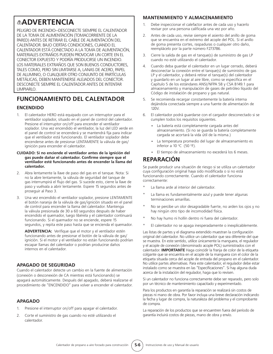 Advertencia, Reparación, Funcionamiento del calentador | Mr. Heater HEATSTAR HS35CLP User Manual | Page 17 / 32