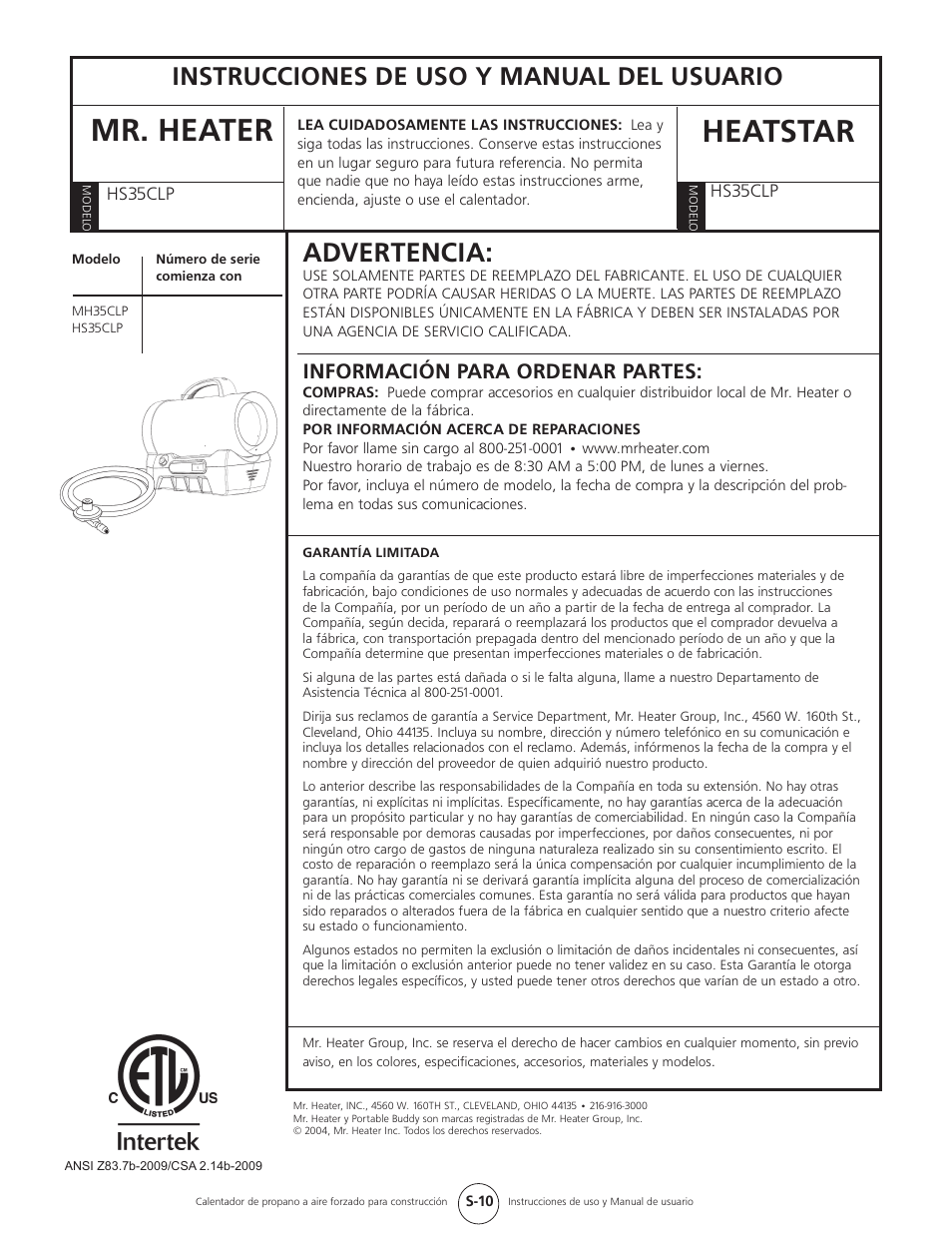 Mr. heater heatstar, Advertencia, Instrucciones de uso y manual del usuario | Información para ordenar partes | Mr. Heater HEATSTAR HS35CLP User Manual | Page 21 / 32