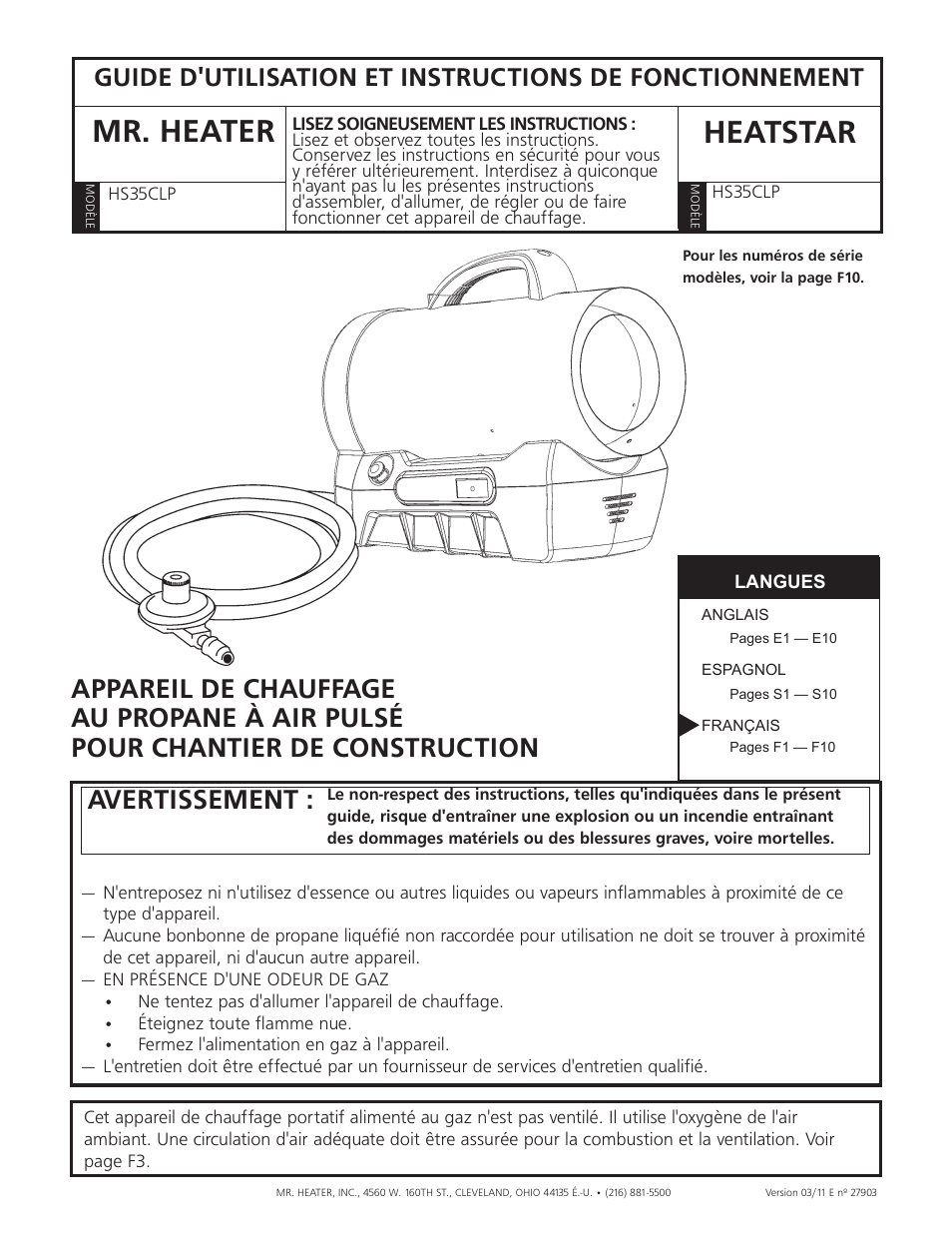 Mr. heater heatstar, Avertissement | Mr. Heater HEATSTAR HS35CLP User Manual | Page 23 / 32