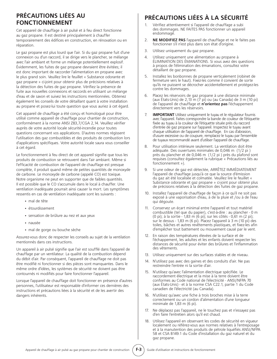 Précautions liées au fonctionnement, Précautions liées à la sécurité | Mr. Heater HEATSTAR HS35CLP User Manual | Page 25 / 32