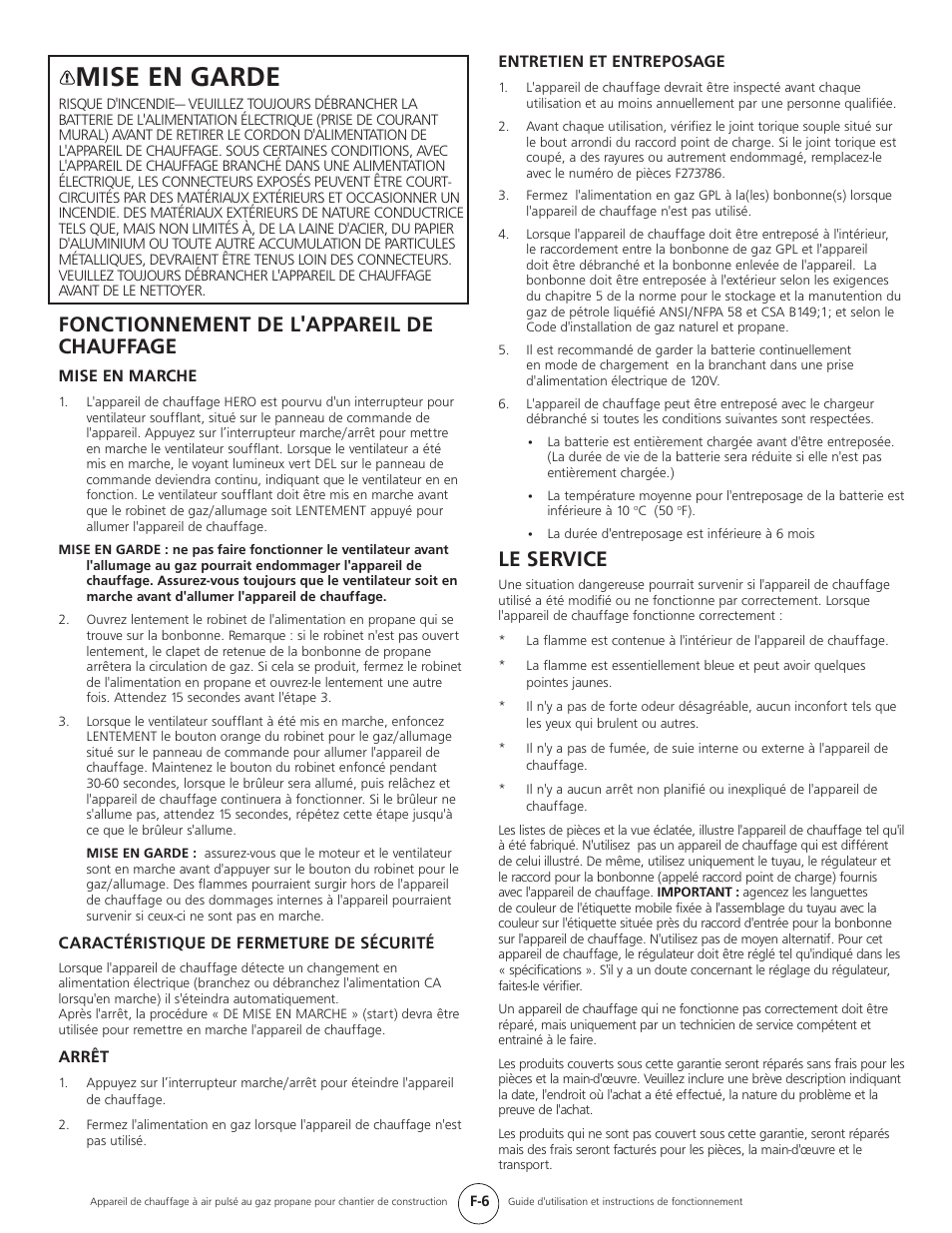 Mise en garde, Le service, Fonctionnement de l'appareil de chauffage | Mr. Heater HEATSTAR HS35CLP User Manual | Page 28 / 32