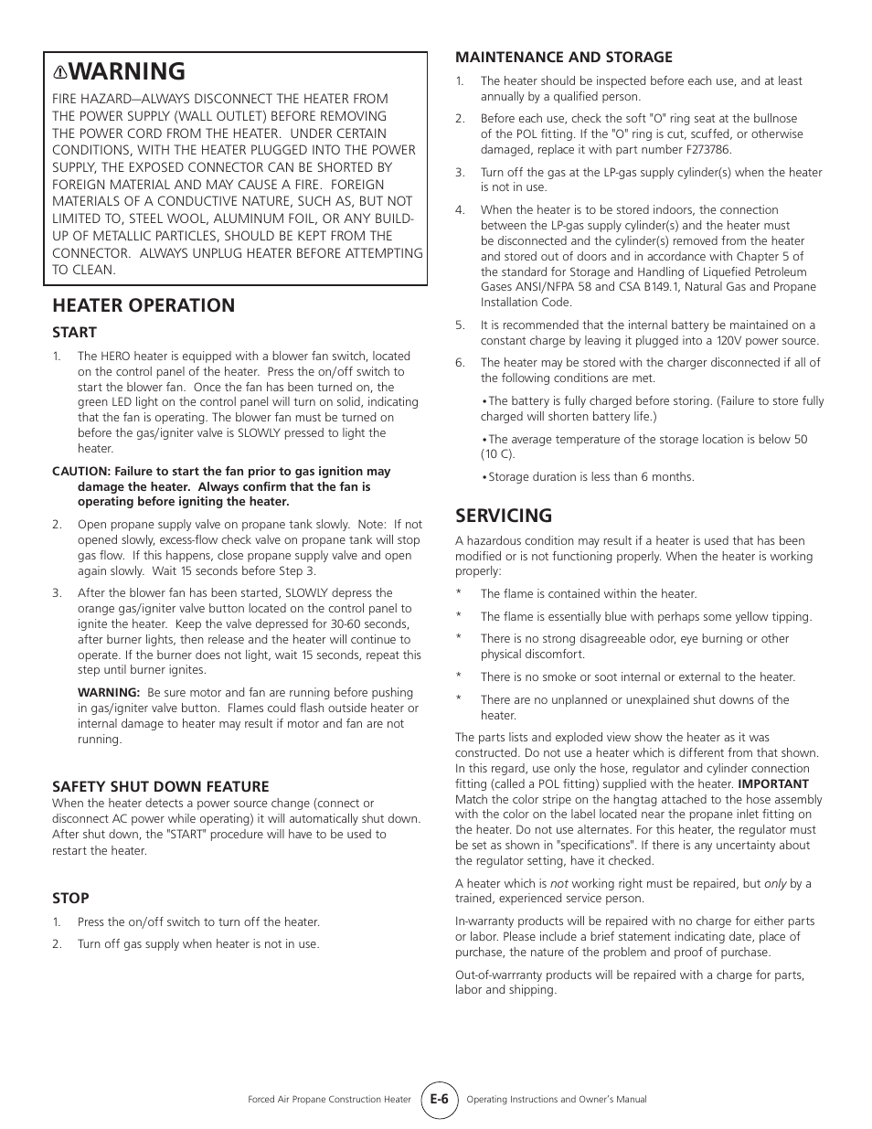 Warning, Servicing, Heater operation | Mr. Heater HEATSTAR HS35CLP User Manual | Page 6 / 32