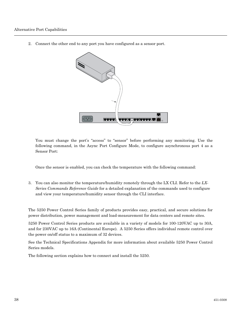 5250 power management, Connecting the temperature/humidity sensor, Alternative port capabilities 38 | Rj45 double-ended, Straight-through cable | MRV Communications LX-4000 Series User Manual | Page 38 / 65