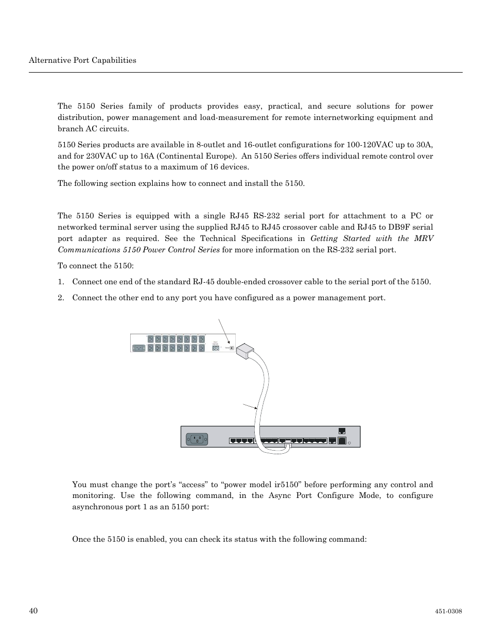 5150 power strip management, Connecting the 5150, Alternative port capabilities 40 | MRV Communications LX-4000 Series User Manual | Page 40 / 65