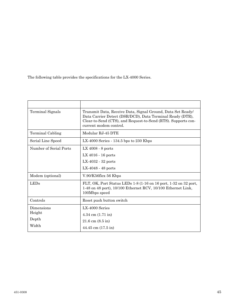 Appendix a - technical specifications, Lx-4000 series specifications | MRV Communications LX-4000 Series User Manual | Page 45 / 65