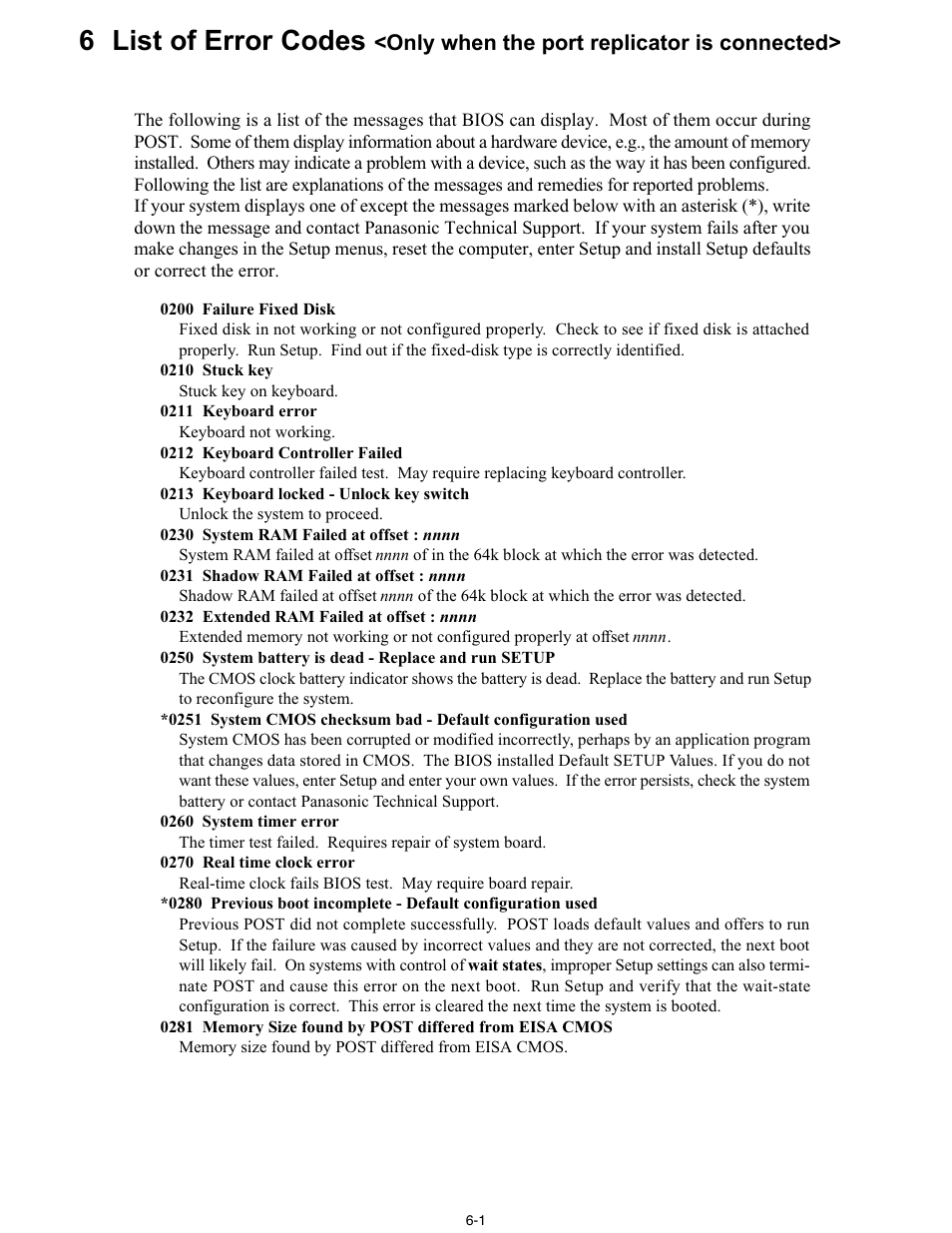 6 list of error codes, Only when the port replicator is connected | Matsushita CF-30 User Manual | Page 15 / 81
