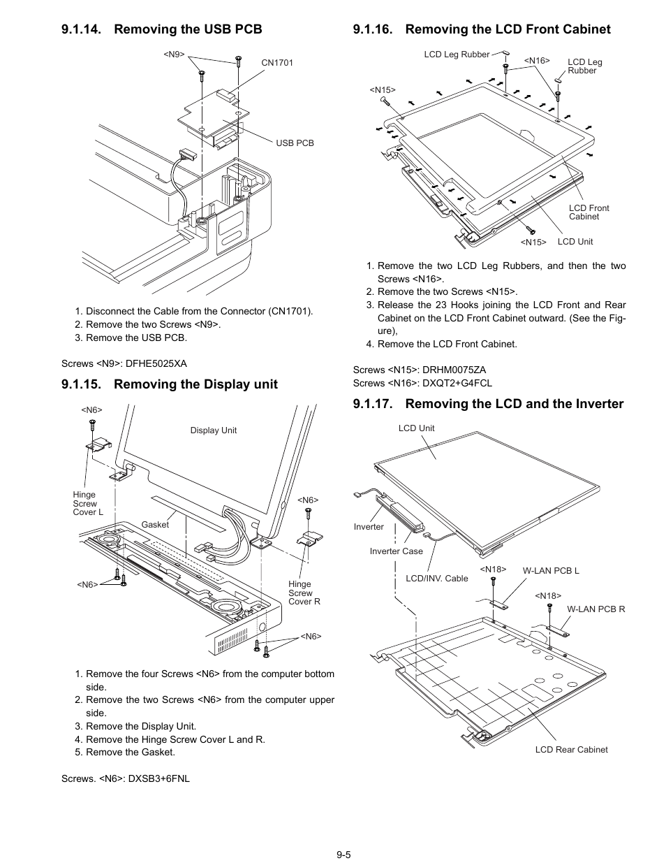 Removing the usb pcb, Removing the display unit, Removing the lcd front cabinet | Removing the lcd and the inverter | Matsushita CF-74ECBAXBM User Manual | Page 27 / 50