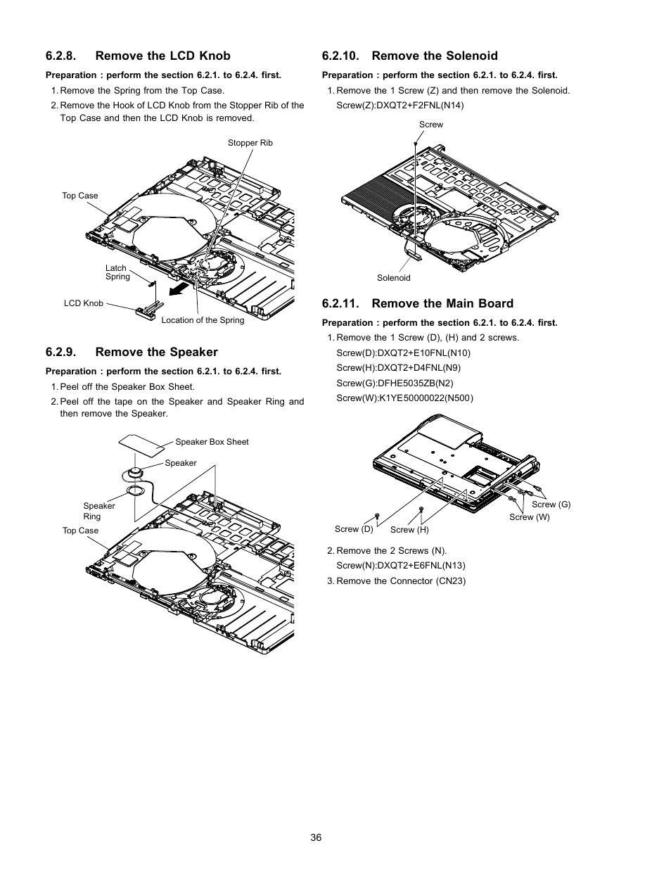 Remove the lcd knob, Remove the speaker, Remove the solenoid | Remove the main board | Matsushita CF-W4HWEZZBM User Manual | Page 36 / 64