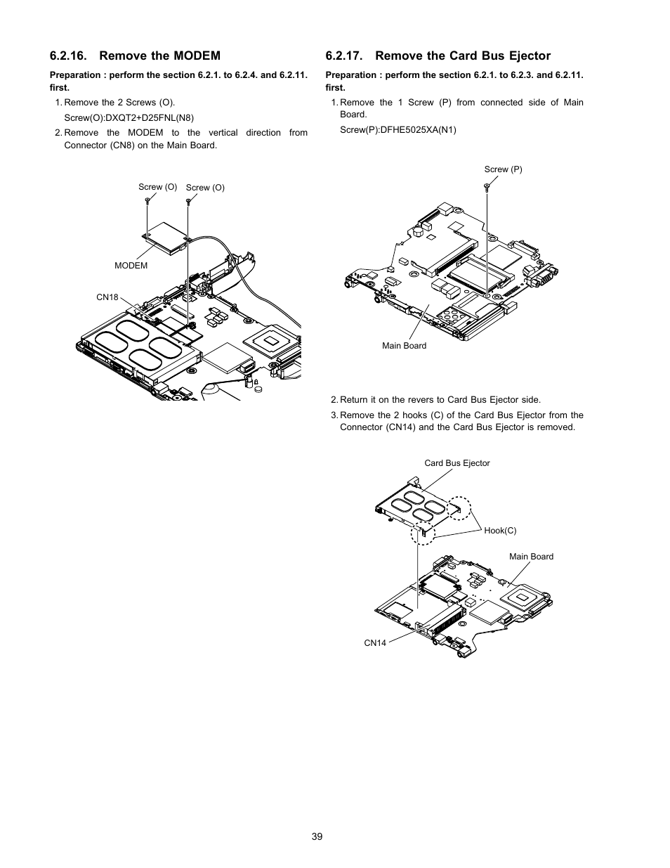 Remove the modem, Remove the card bus ejector | Matsushita CF-W4HWEZZBM User Manual | Page 39 / 64