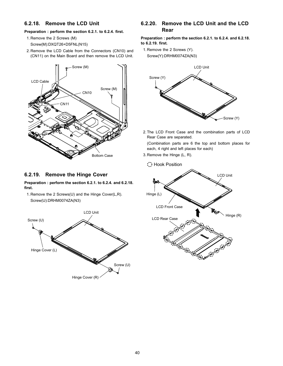 Remove the lcd unit, Remove the hinge cover, Remove the lcd unit and the lcd rear | Matsushita CF-W4HWEZZBM User Manual | Page 40 / 64