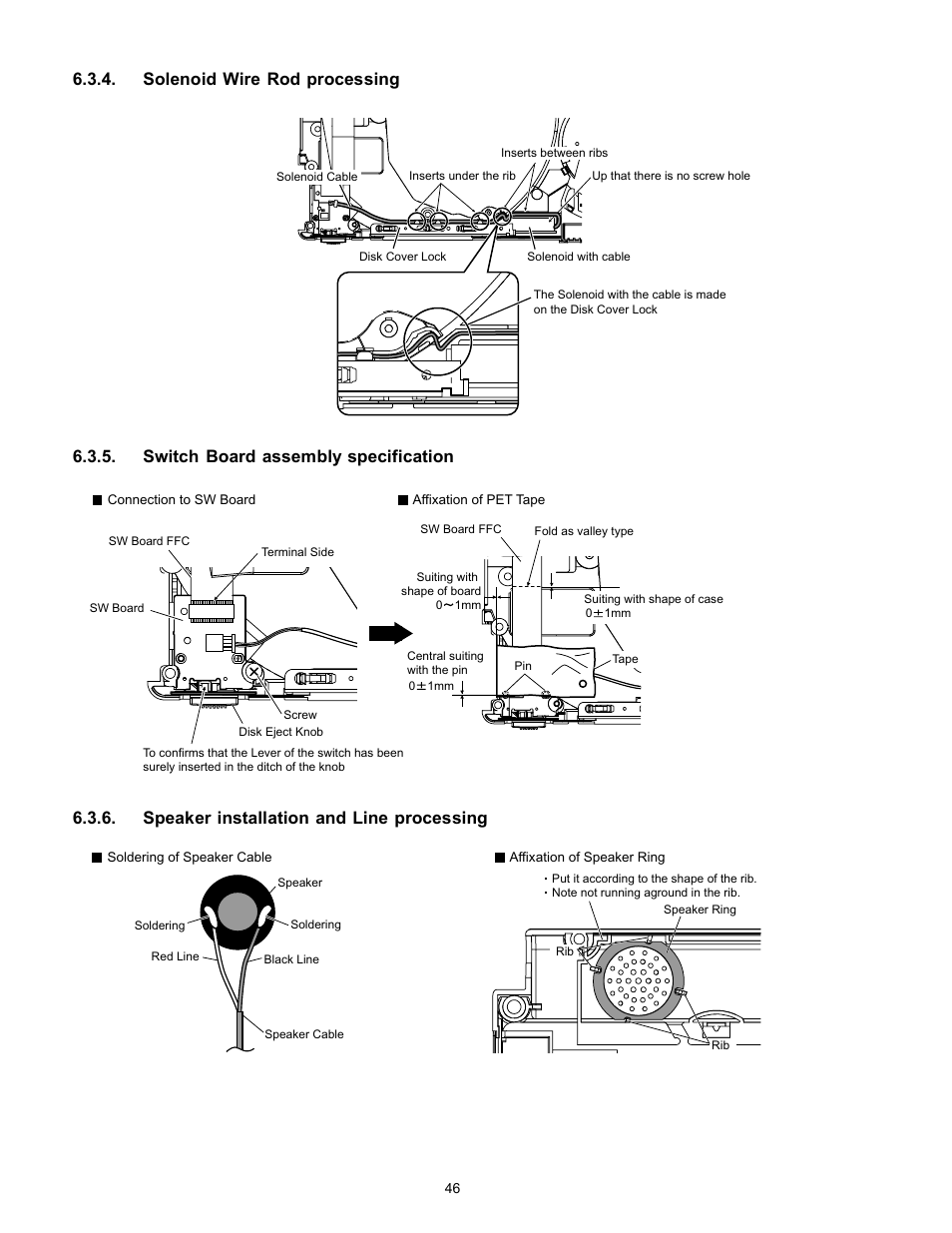 Solenoid wire rod processing, Switch board assembly specification, Speaker installation and line processing | Matsushita CF-W4HWEZZBM User Manual | Page 46 / 64