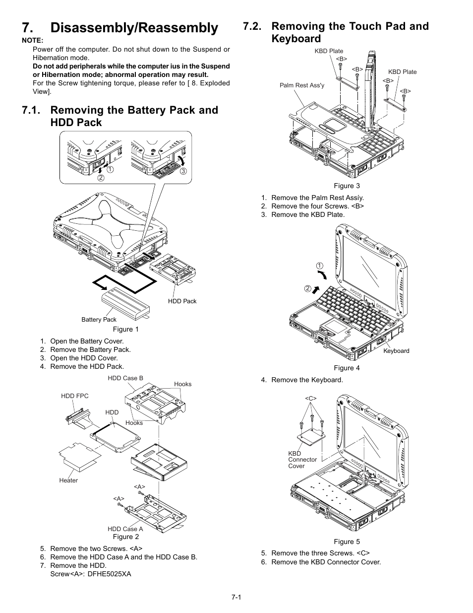 Disassembly/reassembly, Removing the battery pack and hdd pack, Removing the touch pad and keyboard | Matsushita CF-18JHU70TW User Manual | Page 19 / 38