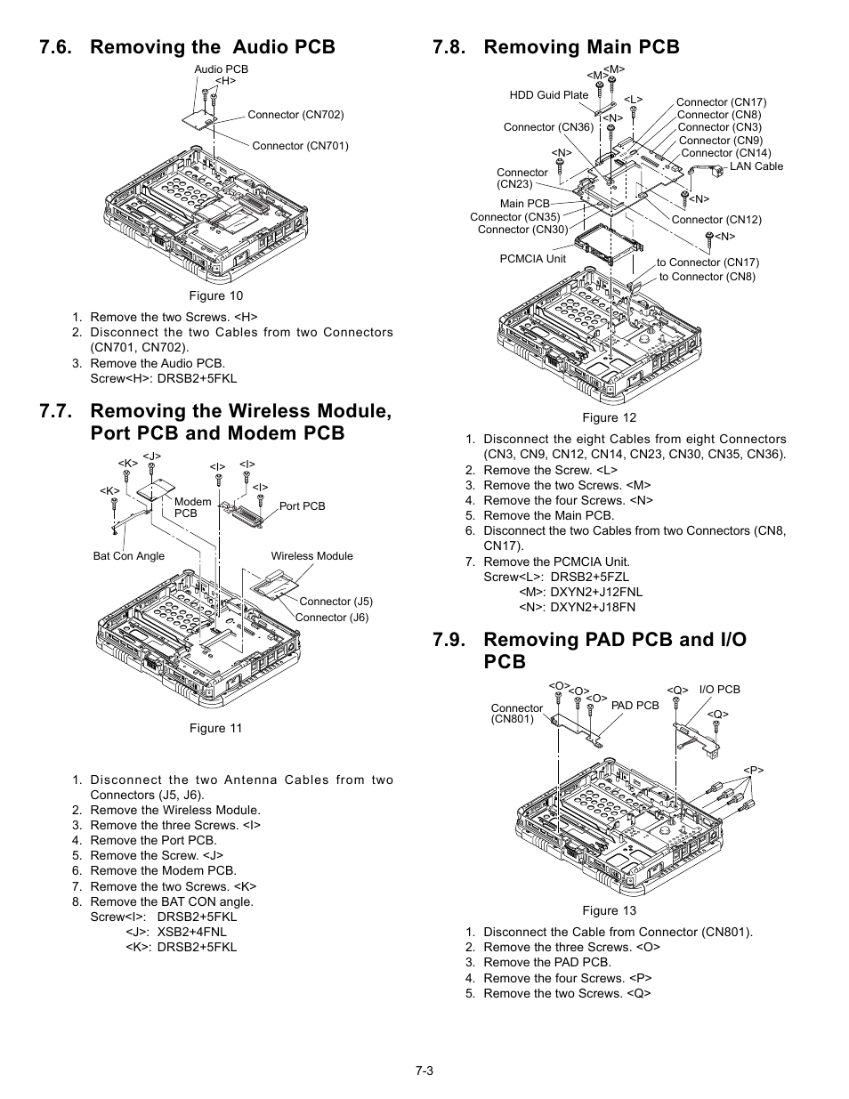 Removing the audio pcb, Removing main pcb, Removing pad pcb and i/o pcb | Matsushita CF-18JHU70TW User Manual | Page 21 / 38