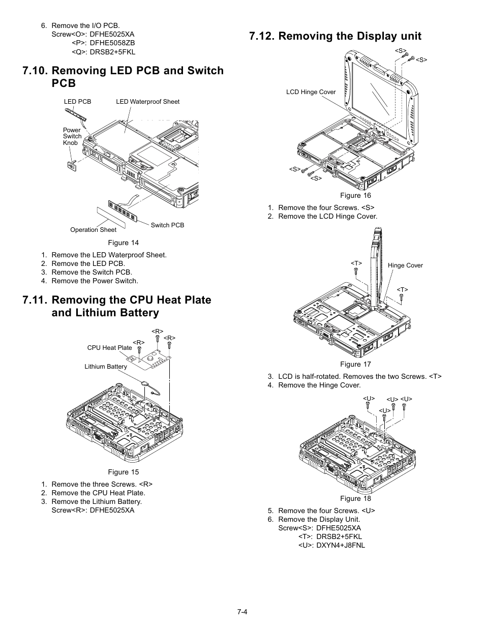Removing led pcb and switch pcb, Removing the cpu heat plate and lithium battery, Removing the display unit | Matsushita CF-18JHU70TW User Manual | Page 22 / 38