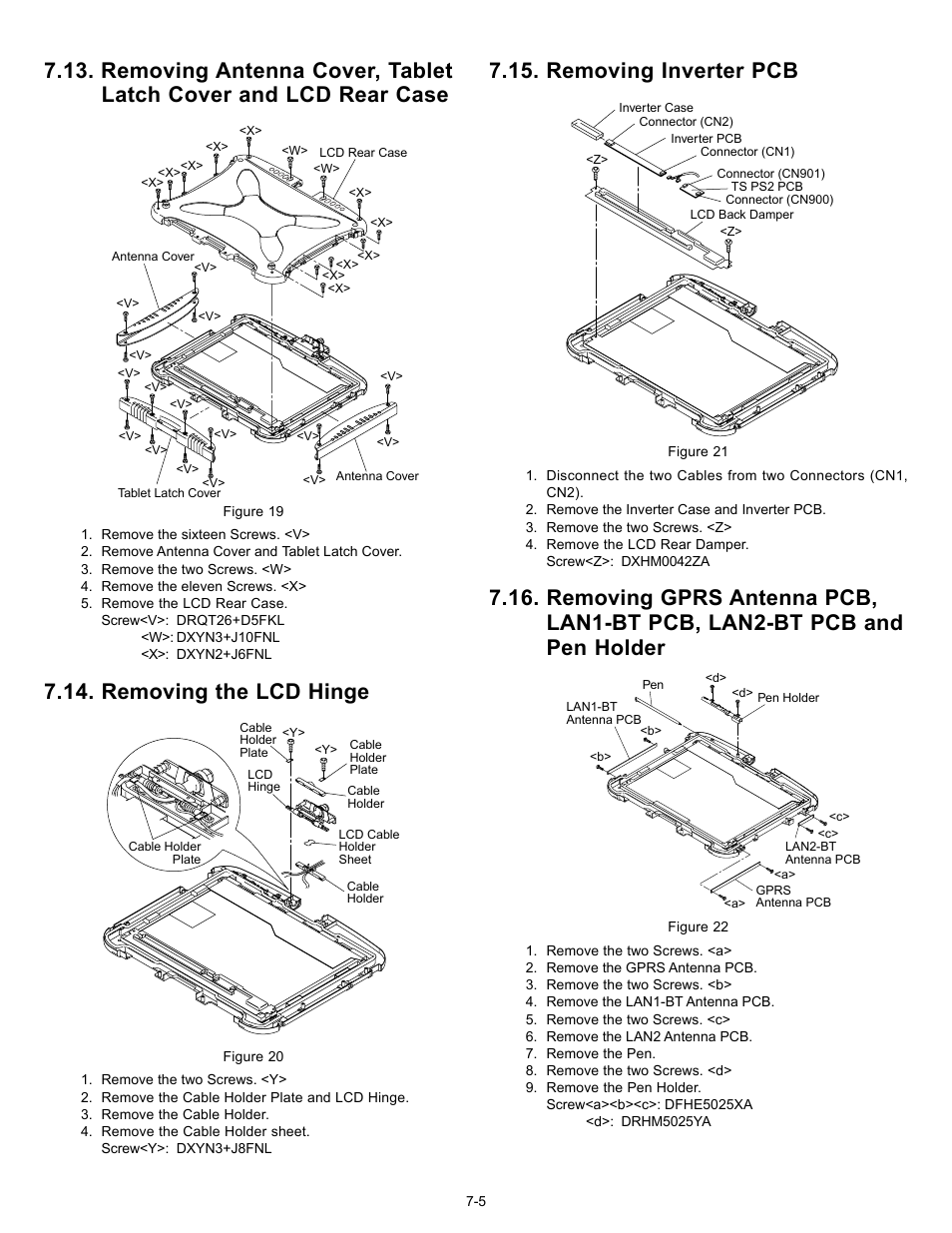 Removing the lcd hinge, Removing inverter pcb | Matsushita CF-18JHU70TW User Manual | Page 23 / 38
