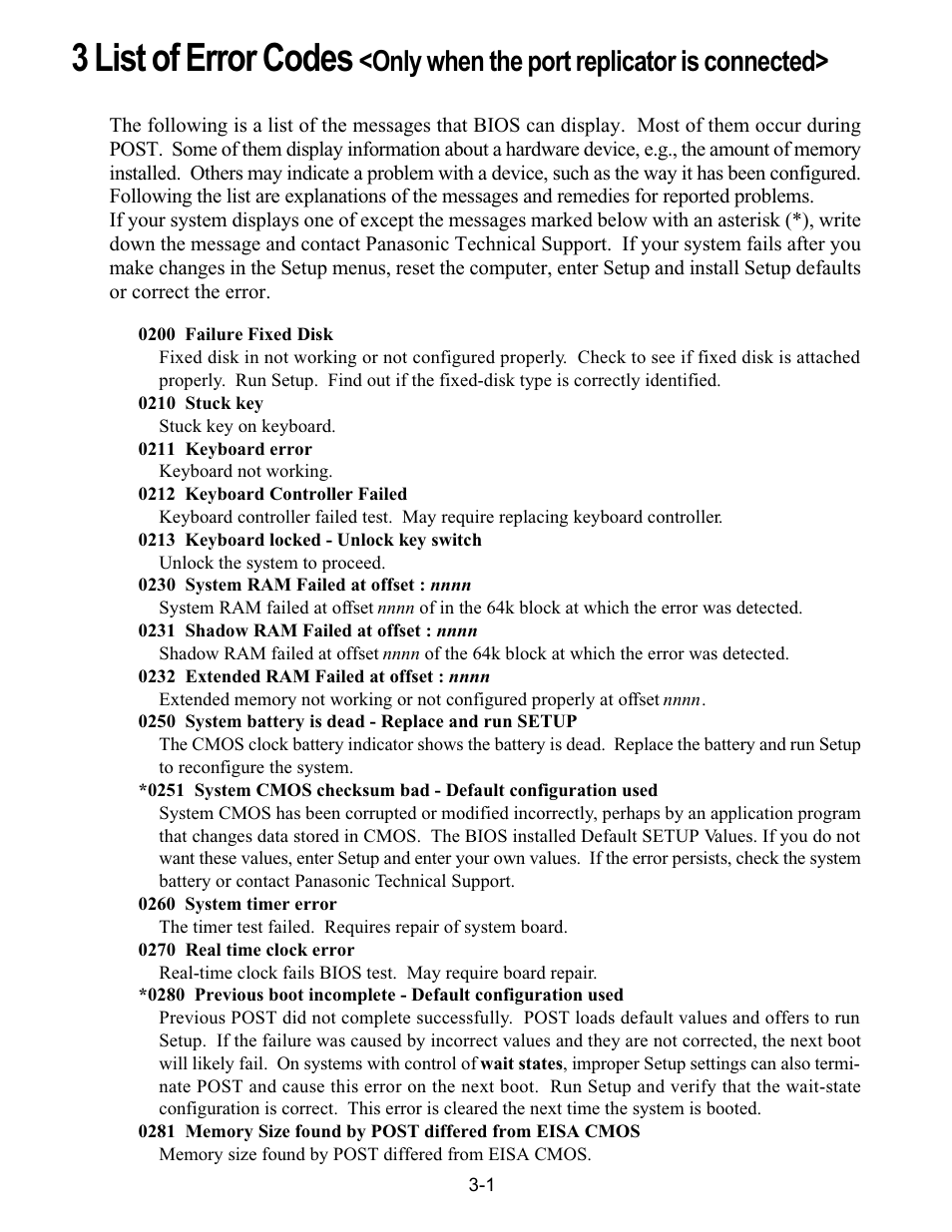 3 list of error codes, Only when the port replicator is connected | Matsushita CF-18JHU70TW User Manual | Page 9 / 38