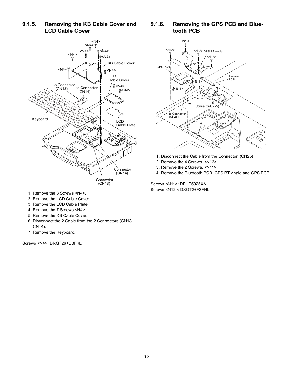 Removing the kb cable cover and lcd cable cover, Removing the gps pcb and blue- tooth pcb | Matsushita CF-30CTQAZBM User Manual | Page 25 / 66