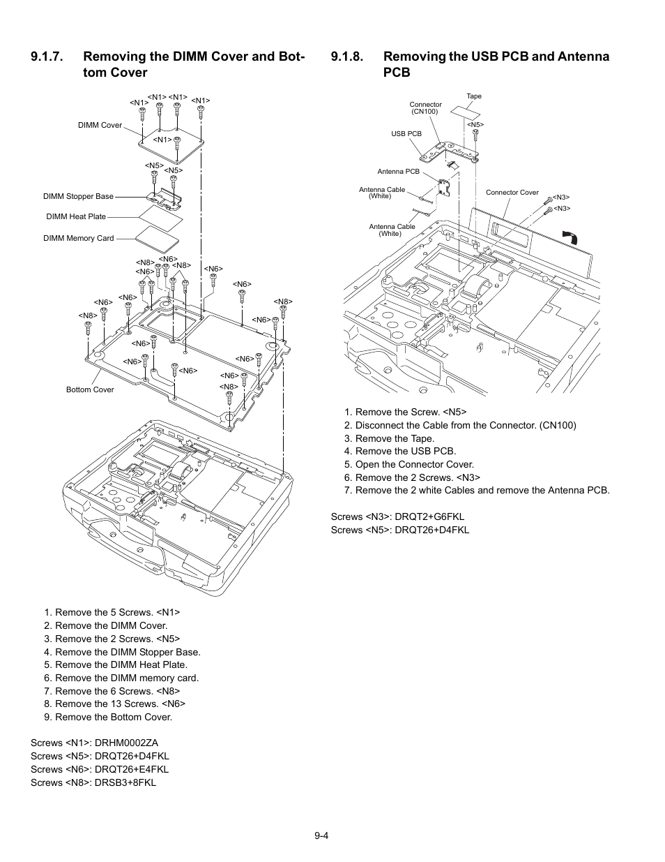 Removing the dimm cover and bot- tom cover, Removing the usb pcb and antenna pcb | Matsushita CF-30CTQAZBM User Manual | Page 26 / 66