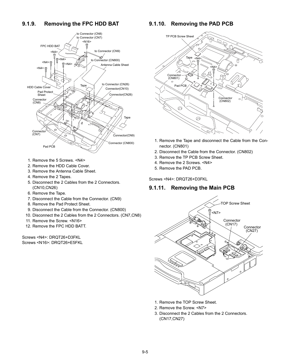 Removing the fpc hdd bat, Removing the pad pcb, Removing the main pcb | Matsushita CF-30CTQAZBM User Manual | Page 27 / 66