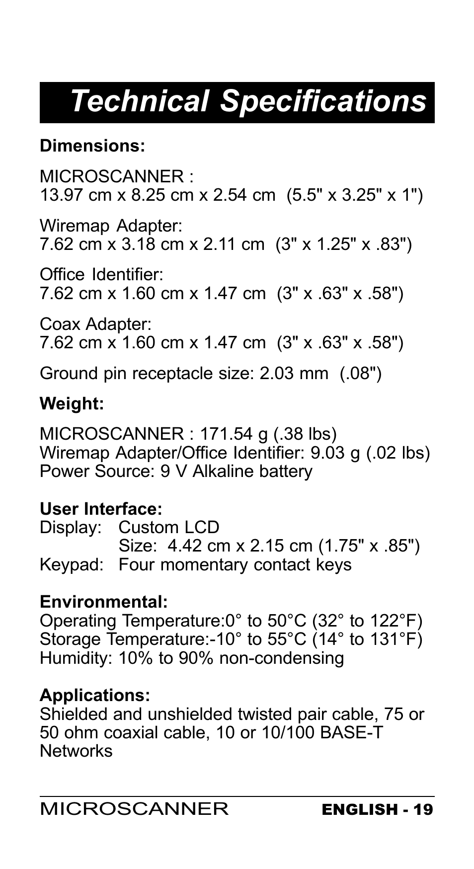 Technical specifications | Microtest MICROSCANNER User Manual | Page 19 / 20