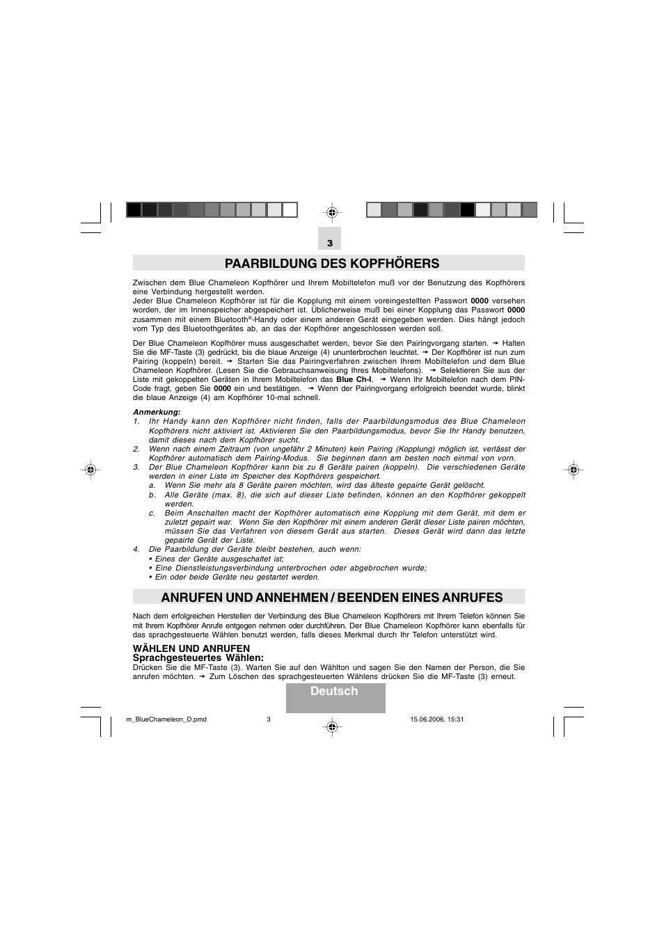 Paarbildung des kopfhörers, Anrufen und annehmen / beenden eines anrufes, Deutsch | Mr Handsfree Bluetooth Headset Blue Chameleon User Manual | Page 21 / 63