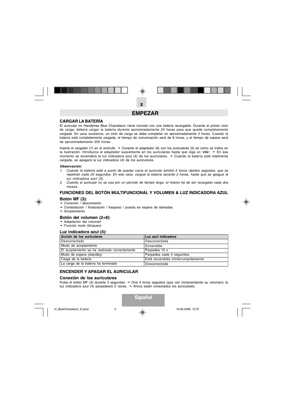 Empezar, Espa ñol | Mr Handsfree Bluetooth Headset Blue Chameleon User Manual | Page 31 / 63