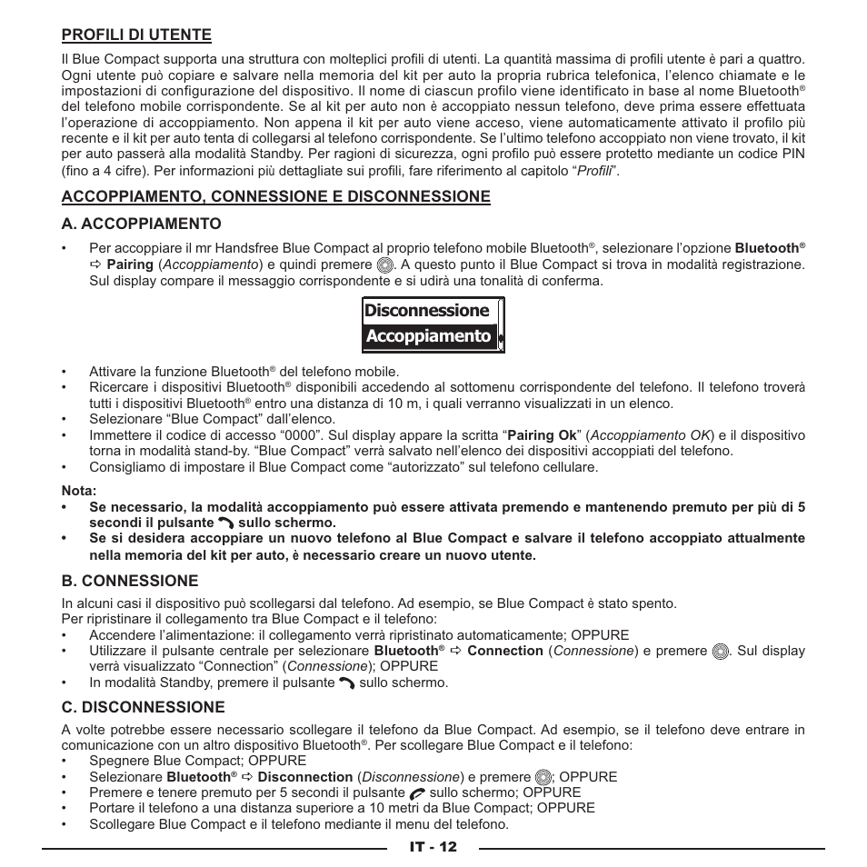 Accoppiamento disconnessione | Mr Handsfree Blue Compact Microphone User Manual | Page 121 / 291