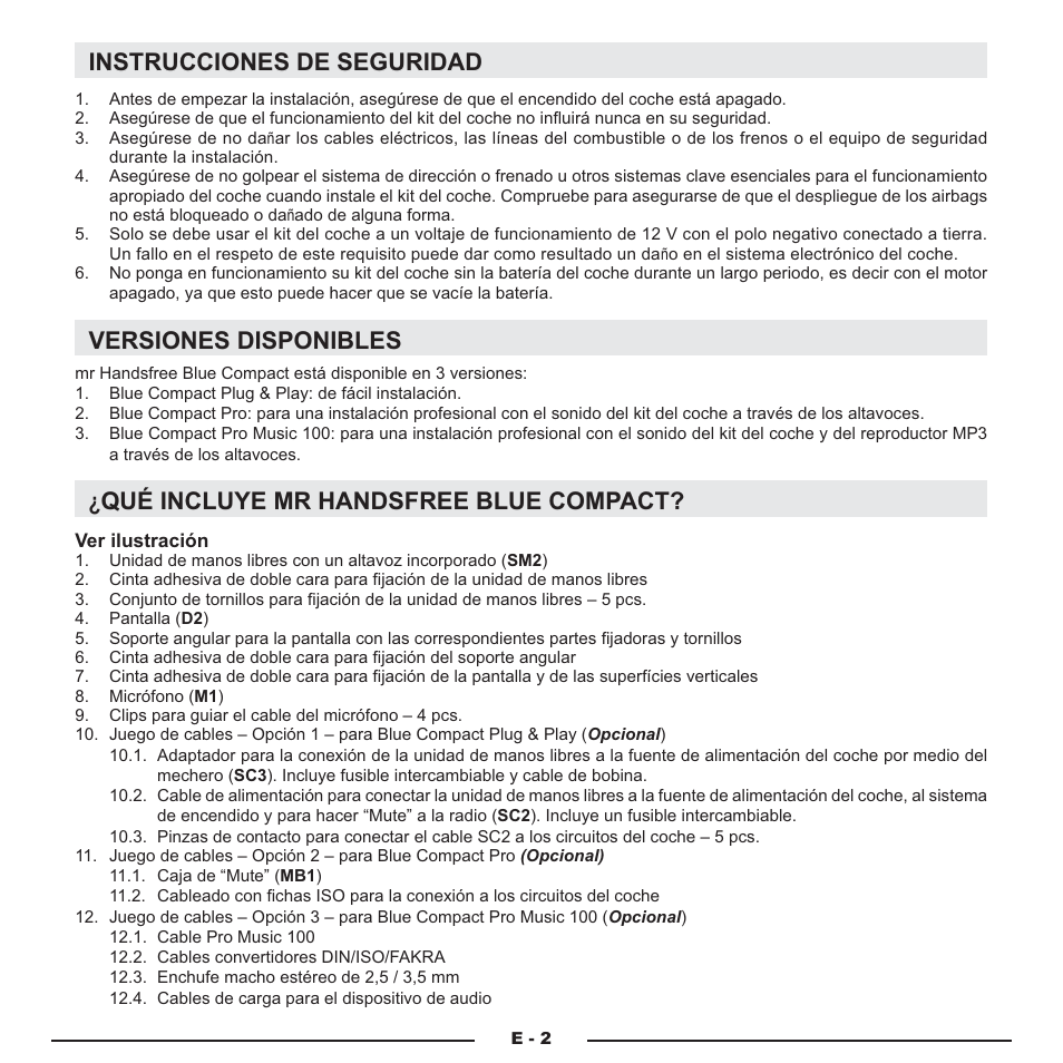 Instrucciones de seguridad, Versiones disponibles | Mr Handsfree Blue Compact Microphone User Manual | Page 137 / 291