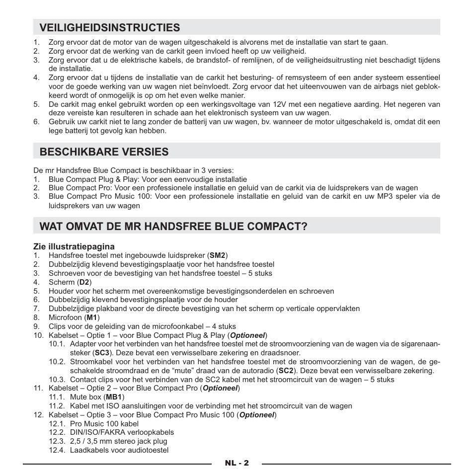 Veiligheidsinstructies, Beschikbare versies, Wat omvat de mr handsfree blue compact | Mr Handsfree Blue Compact Microphone User Manual | Page 31 / 291