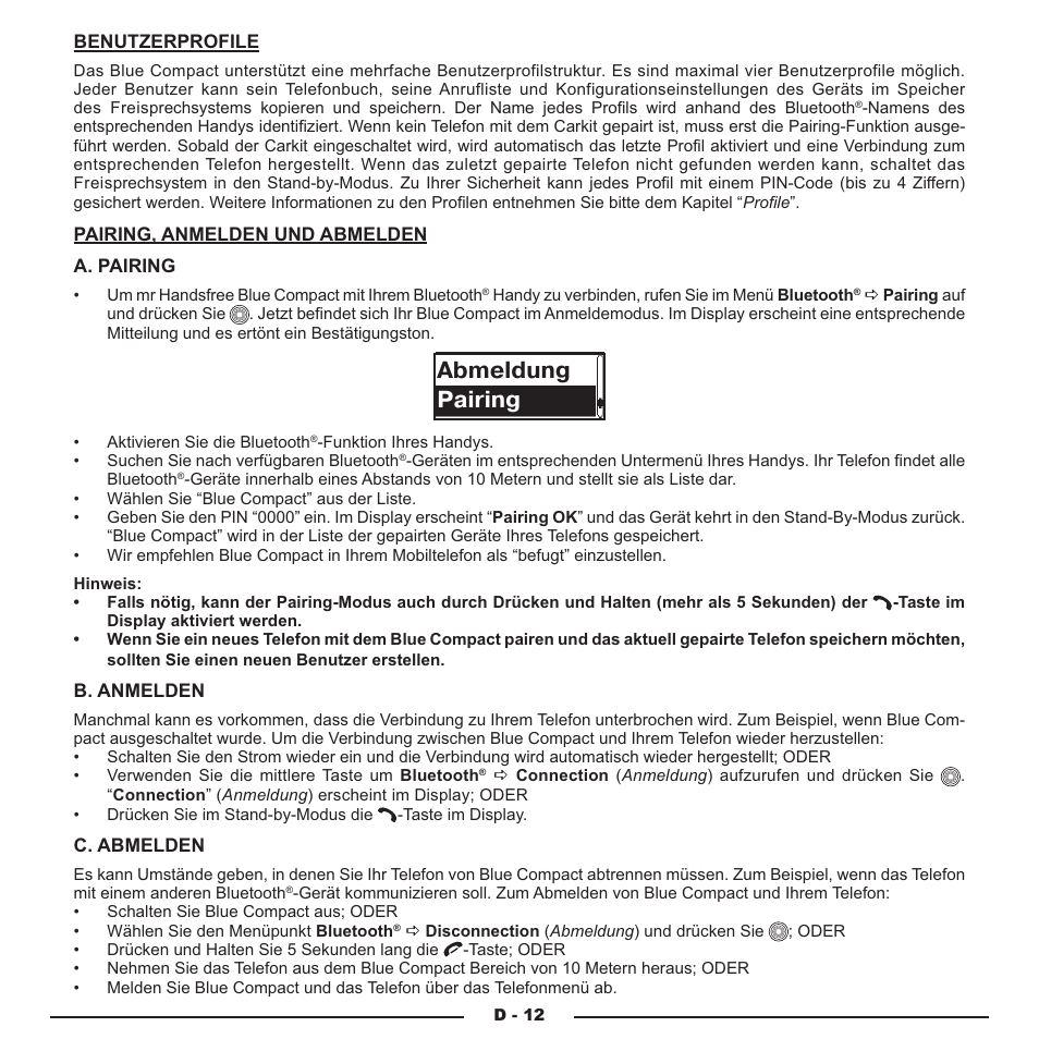 Abmeldung pairing | Mr Handsfree Blue Compact Microphone User Manual | Page 95 / 291