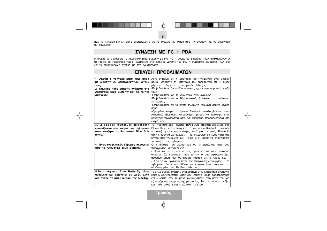 Συν∆εση με pc η pda, Επιλυση προβληματων, Γραικός | Mr Handsfree Blue Butterfly II User Manual | Page 42 / 61