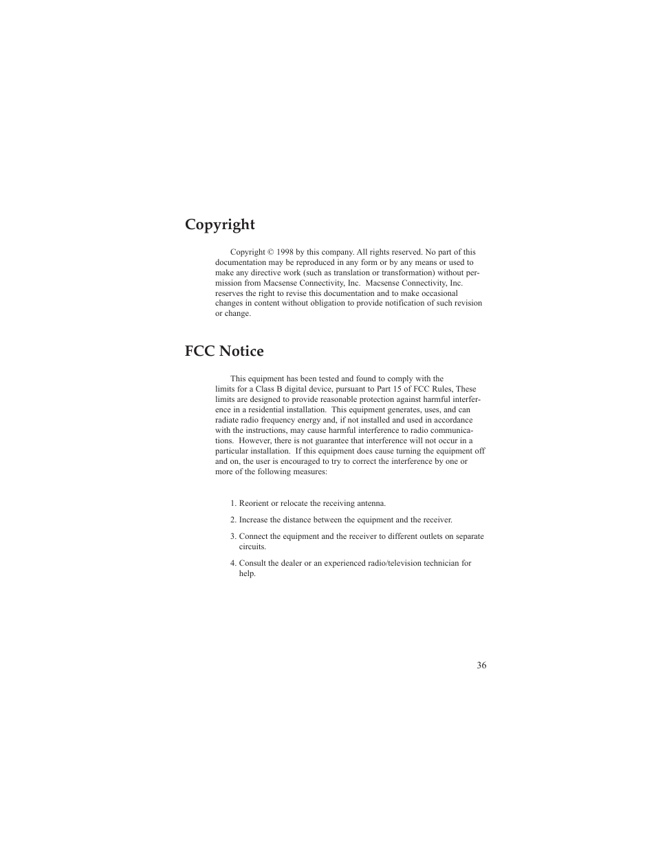 Copyright, Fcc notice | Macsense Connectivity MIH-108 User Manual | Page 39 / 39