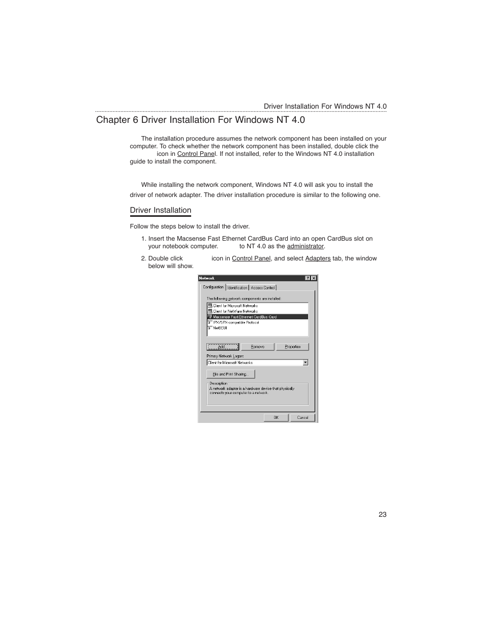 Driver installation for windows nt 4.0, Chapter 6 driver installation for windows nt 4.0 | Macsense Connectivity MPC-200 User Manual | Page 25 / 43