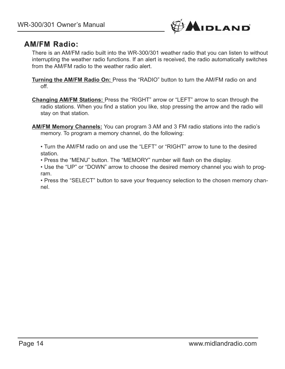 Am/fm radio | Midland Radio WR-300/301 User Manual | Page 14 / 24