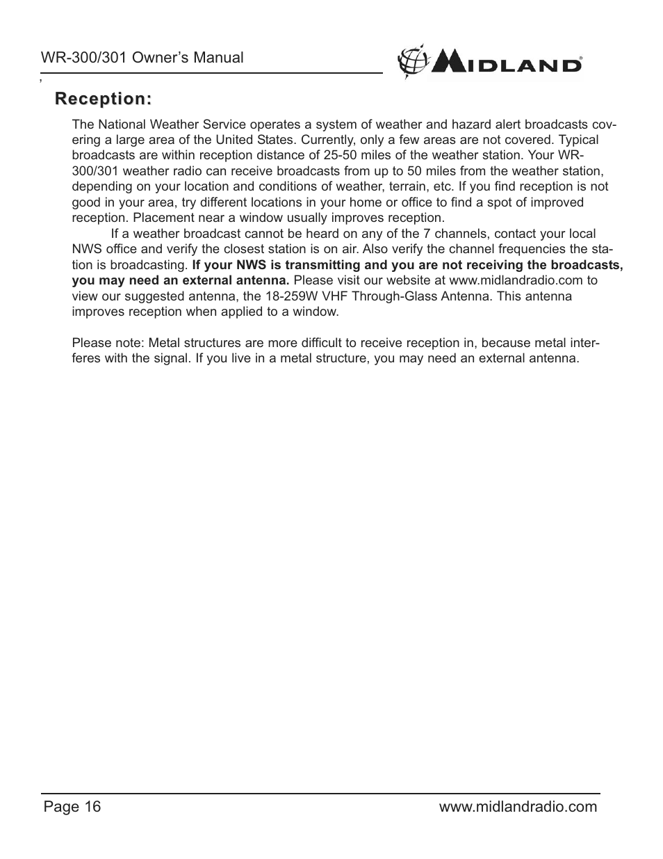 Reception | Midland Radio WR-300/301 User Manual | Page 16 / 24